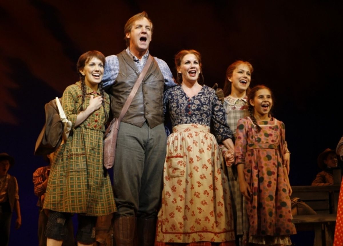 The Ingalls family Kara Lindsay as Laura Ingalls, Steve Blanchard as Charles Ingalls, Melissa Gilbert as Caroline Ingalls, Alessa Neeck as Mary Ingalls, and Carly Rose Sonenclar as Carrie Ingalls at 